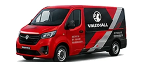 Vauxhall Vivaro Electric in red with custom van vinyl graphics, front three-quarter view.