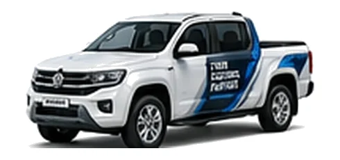 Volkswagen Amarok in white with custom van vinyl graphics, front three-quarter view.