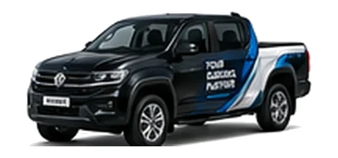Volkswagen Amarok in black with custom van vinyl graphics, front three-quarter view.