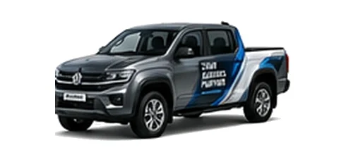 Volkswagen Amarok in grey with custom van vinyl graphics, front three-quarter view.