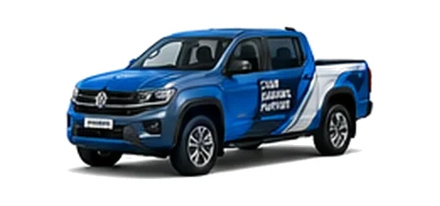 Volkswagen Amarok in blue with custom van vinyl graphics, front three-quarter view.