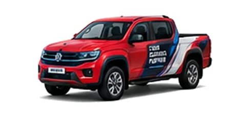 Volkswagen Amarok in red with custom van vinyl graphics, front three-quarter view.