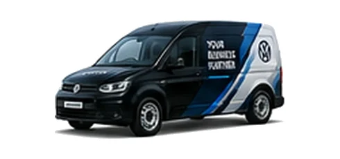 Volkswagen Caddy Cargo in black with custom van vinyl graphics, front three-quarter view.