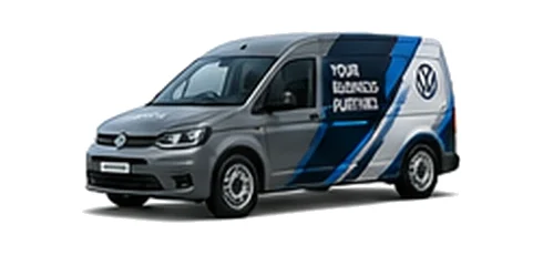 Volkswagen Caddy Cargo in grey with custom van vinyl graphics, front three-quarter view.