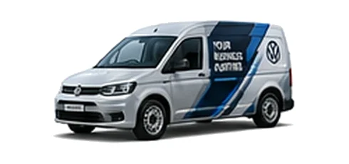 Volkswagen Caddy Cargo in silver with custom van vinyl graphics, front three-quarter view.