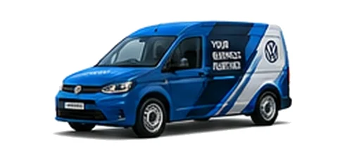 Volkswagen Caddy Cargo in blue with custom van vinyl graphics, front three-quarter view.
