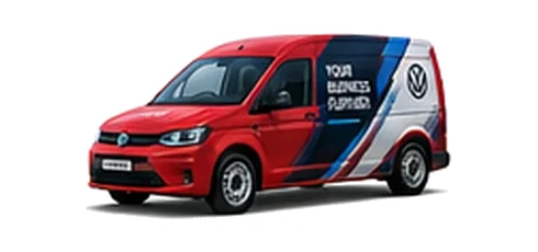 Volkswagen Caddy Cargo in red with custom van vinyl graphics, front three-quarter view.