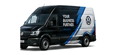 Volkswagen Crafter in black with custom van vinyl graphics, front three-quarter view.