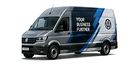 Volkswagen Crafter in grey with custom van vinyl graphics, front three-quarter view.