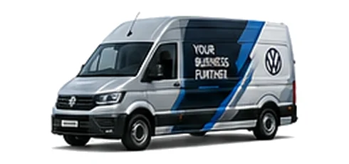 Volkswagen Crafter in silver with custom van vinyl graphics, front three-quarter view.