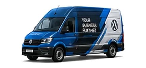 Volkswagen Crafter in blue with custom van vinyl graphics, front three-quarter view.