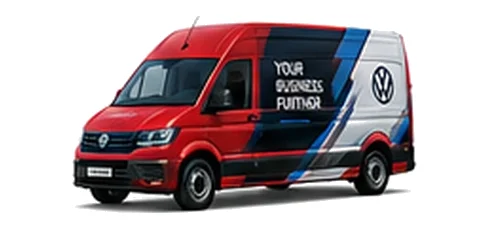 Volkswagen Crafter in red with custom van vinyl graphics, front three-quarter view.