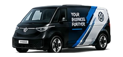 Volkswagen ID. Buzz Cargo in black with custom van vinyl graphics, front three-quarter view.
