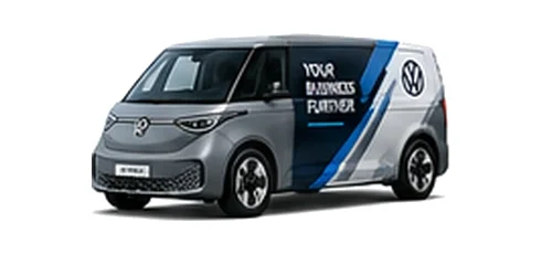 Volkswagen ID. Buzz Cargo in grey with custom van vinyl graphics, front three-quarter view.