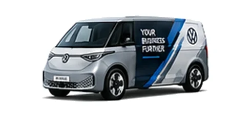 Volkswagen ID. Buzz Cargo in silver with custom van vinyl graphics, front three-quarter view.