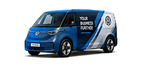 Volkswagen ID. Buzz Cargo in blue with custom van vinyl graphics, front three-quarter view.