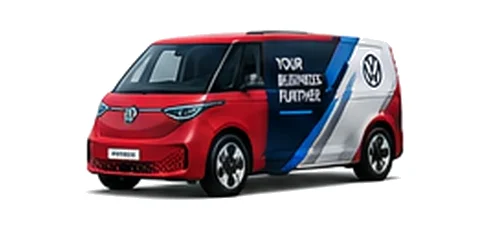 Volkswagen ID. Buzz Cargo in red with custom van vinyl graphics, front three-quarter view.