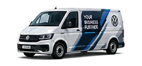 Volkswagen Transporter in white with custom van vinyl graphics, front three-quarter view.