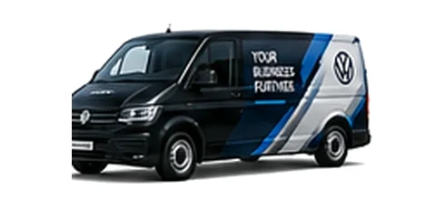 Volkswagen Transporter in black with custom van vinyl graphics, front three-quarter view.