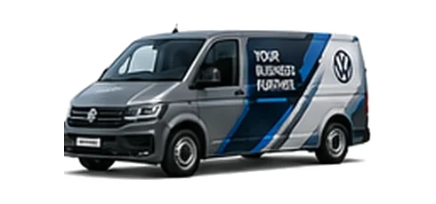 Volkswagen Transporter in grey with custom van vinyl graphics, front three-quarter view.