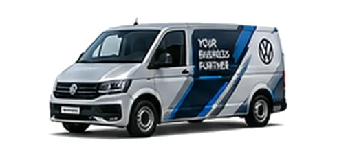 Volkswagen Transporter in silver with custom van vinyl graphics, front three-quarter view.