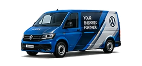 Volkswagen Transporter in blue with custom van vinyl graphics, front three-quarter view.