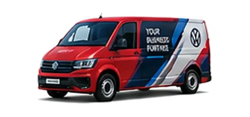 Volkswagen Transporter in red with custom van vinyl graphics, front three-quarter view.