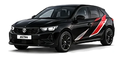 Vauxhall Astra in Carbon Black with angular black, red and silver vinyl side stripes, front three-quarter view on a white background.