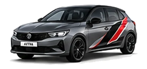 Vauxhall Astra in Quartz Grey with angular black, red and silver vinyl side stripes, front three-quarter view on a white background.
