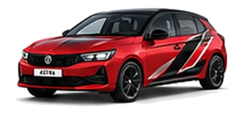 Vauxhall Astra in Power Red with angular black, red and silver vinyl side stripes, front three-quarter view on a white background.