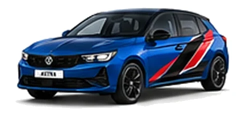 Vauxhall Astra in Cobalt Blue with angular black, red and silver vinyl side stripes, front three-quarter view on a white background.