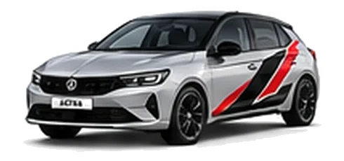 Vauxhall Astra in Sovereign Silver with angular black, red and silver vinyl side stripes, front three-quarter view on a white background.