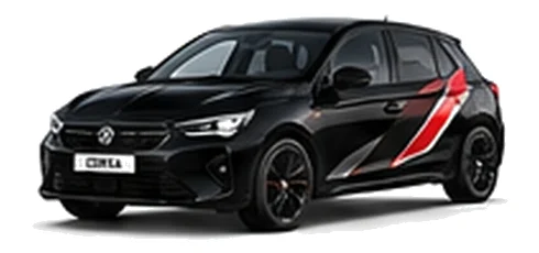 Vauxhall Corsa in Carbon Black with angular black, red and silver vinyl side stripes, front three-quarter view on a white background.