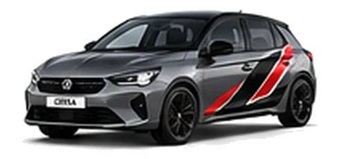 Vauxhall Corsa in Quartz Grey with angular black, red and silver vinyl side stripes, front three-quarter view on a white background.