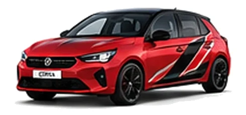 Vauxhall Corsa in Power Red with angular black, red and silver vinyl side stripes, front three-quarter view on a white background.