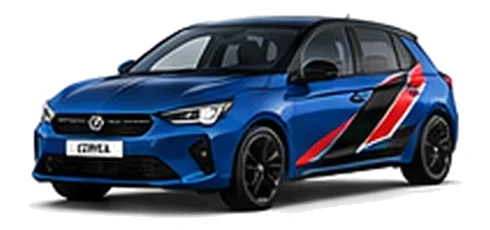 Vauxhall Corsa in Cobalt Blue with angular black, red and silver vinyl side stripes, front three-quarter view on a white background.