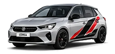 Vauxhall Corsa in Sovereign Silver with angular black, red and silver vinyl side stripes, front three-quarter view on a white background.