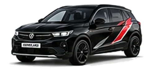 Vauxhall Grandland in Carbon Black with angular black, red and silver vinyl side stripes, front three-quarter view on a white background.