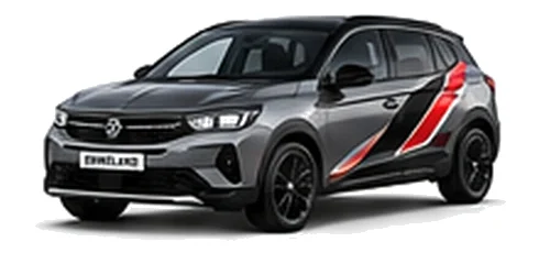 Vauxhall Grandland in Quartz Grey with angular black, red and silver vinyl side stripes, front three-quarter view on a white background.