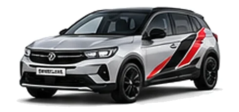 Vauxhall Grandland in Sovereign Silver with angular black, red and silver vinyl side stripes, front three-quarter view on a white background.