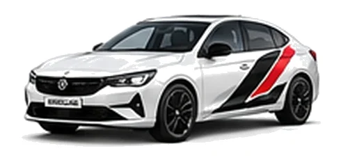 Vauxhall Insignia in Arctic White with angular black, red and silver vinyl side stripes, front three-quarter view on a white background.