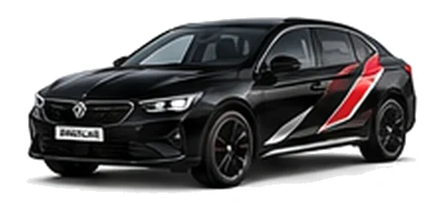 Vauxhall Insignia in Carbon Black with angular black, red and silver vinyl side stripes, front three-quarter view on a white background.