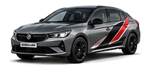 Vauxhall Insignia in Quartz Grey with angular black, red and silver vinyl side stripes, front three-quarter view on a white background.