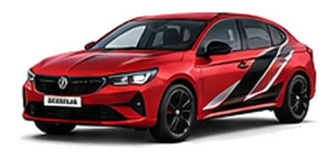 Vauxhall Insignia in Power Red with angular black, red and silver vinyl side stripes, front three-quarter view on a white background.