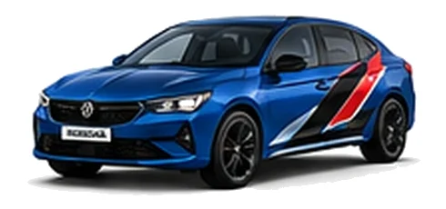 Vauxhall Insignia in Cobalt Blue with angular black, red and silver vinyl side stripes, front three-quarter view on a white background.