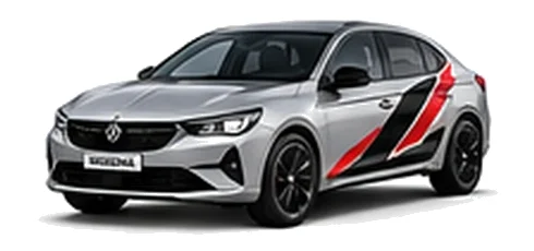 Vauxhall Insignia in Sovereign Silver with angular black, red and silver vinyl side stripes, front three-quarter view on a white background.