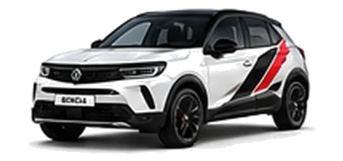 Vauxhall Mokka in Arctic White with angular black, red and silver vinyl side stripes, front three-quarter view on a white background.