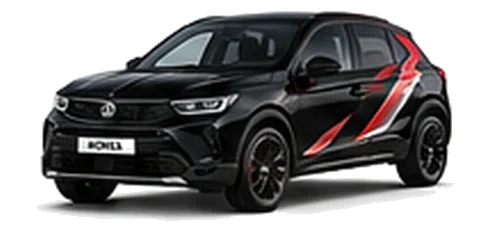 Vauxhall Mokka in Carbon Black with angular black, red and silver vinyl side stripes, front three-quarter view on a white background.