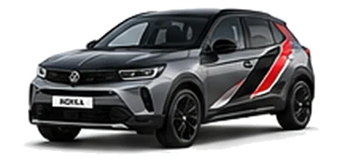 Vauxhall Mokka in Quartz Grey with angular black, red and silver vinyl side stripes, front three-quarter view on a white background.