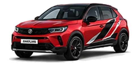 Vauxhall Mokka in Power Red with angular black, red and silver vinyl side stripes, front three-quarter view on a white background.